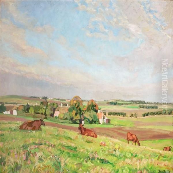 Grazing Cows In The Flowering Field Oil Painting by Fritz Syberg