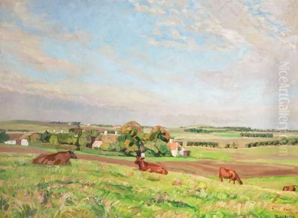 Grazing Cows In The Flowering Field. Signed Monogram 1828-30 Oil Painting by Fritz Syberg