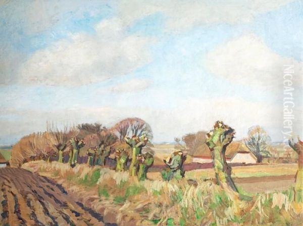 A Sunny Fall Landscape With Pollarded Trees. Signed Monogram 1930-35 Oil Painting by Fritz Syberg