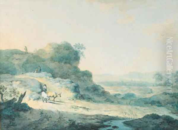 Travellers and a herdsman with cattle on a hilly road Oil Painting by Dutch School