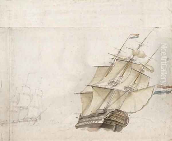 Two Dutch frigates in a high wind by Dutch School