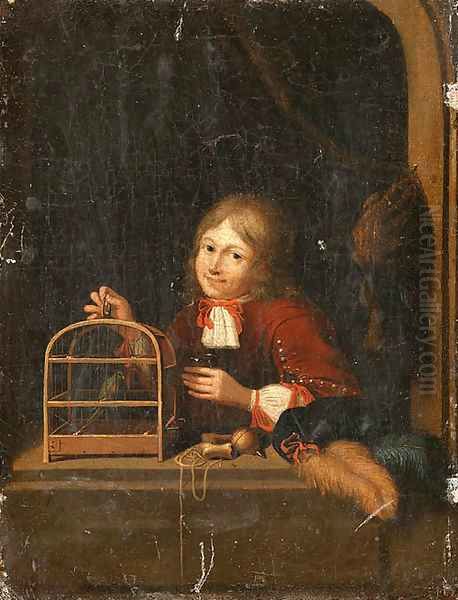 A Boy holding a Birdcage at a Casement Oil Painting by Dutch School