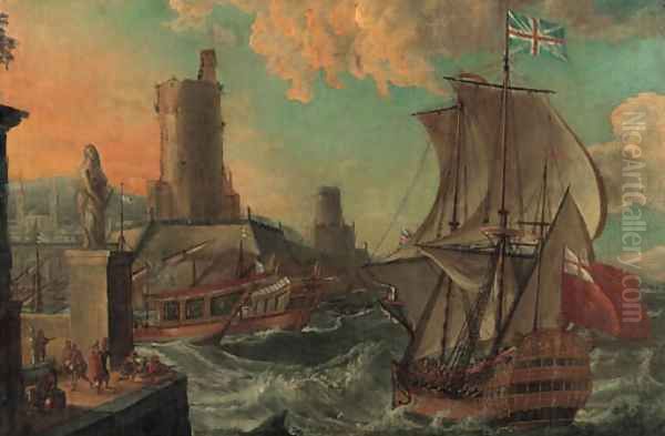 A British Man-of-War entering a Harbor in stormy Seas Oil Painting by Dutch School