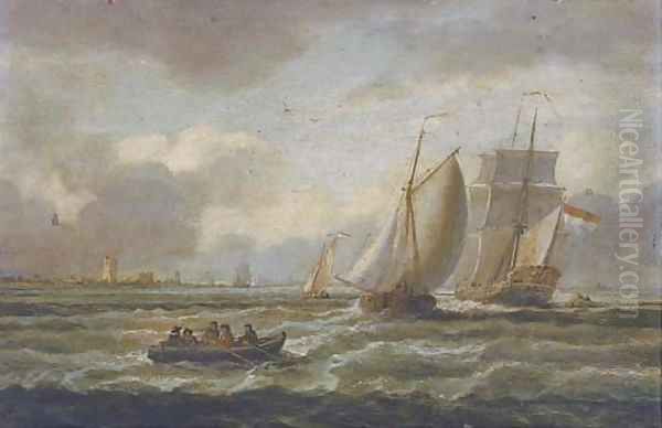 A Dutch Admiralty yacht amidst barges off a low countries watch-tower Oil Painting by Dutch School