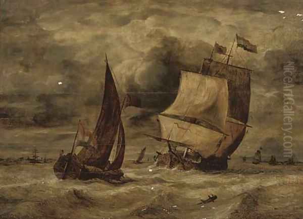 A Dutch man-of-war and other shipping in a stormy sea Oil Painting by Dutch School