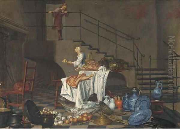 A kitchen maid and a servant in an interior Oil Painting by Dutch School