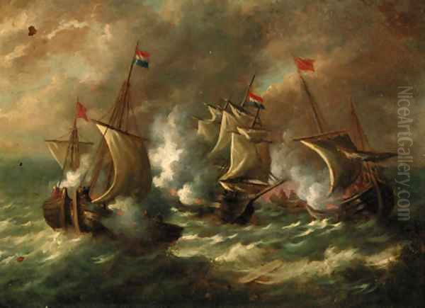 A naval engagement Oil Painting by Dutch School