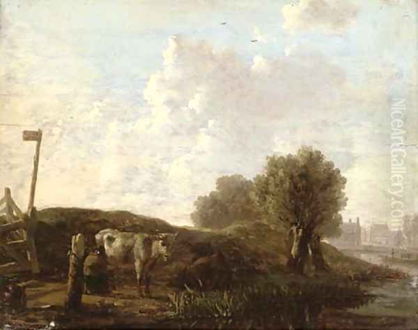 A river landscape with cattle on a bank Oil Painting by Dutch School