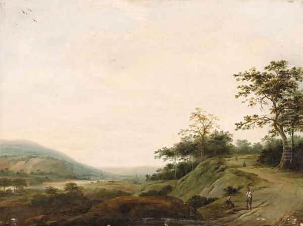 An extensive Landscape with Woodcutters in the foreground Oil Painting by Dutch School