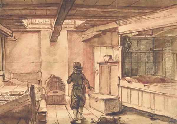 An interior with a standing figure seen from behind, a bed to the left Oil Painting by Dutch School