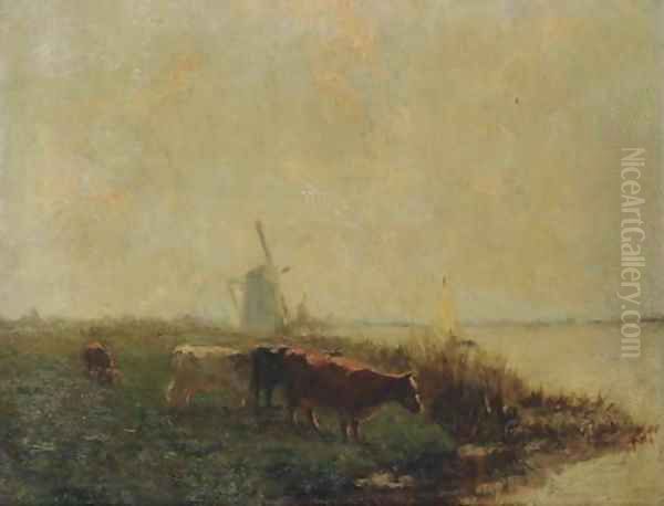 Cows in a polder landscape Oil Painting by Dutch School