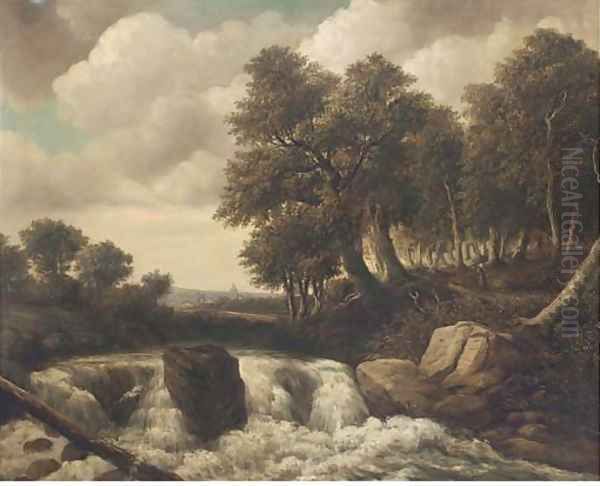 Figures in a woodland landscape by a waterfall Oil Painting by Dutch School