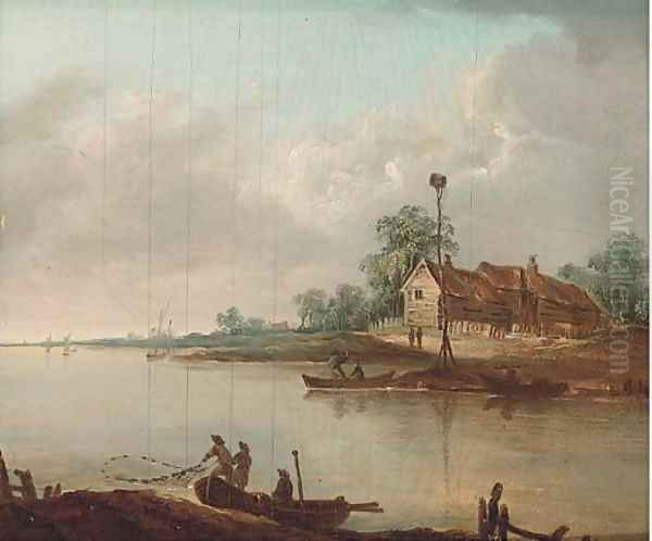 Fishermen on a river with barns beyond Oil Painting by Dutch School