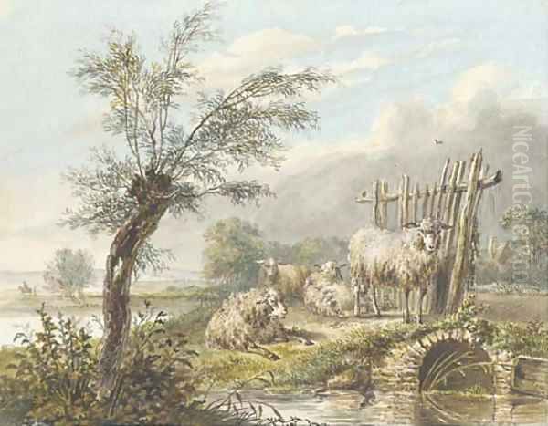 Four sheep by a stream in an extensive landscape Oil Painting by Dutch School