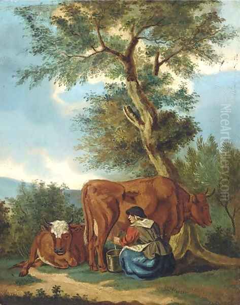 Milking the cow Oil Painting by Dutch School