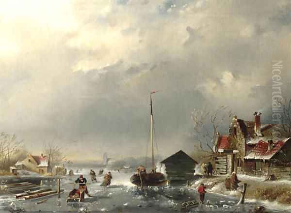 Skaters on a frozen waterway by a village Oil Painting by Dutch School