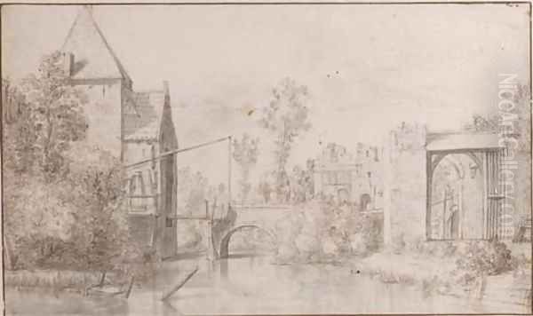 View of a fortified drawbridge by a canal, a gateway leading to elegant buildings to the right Oil Painting by Dutch School