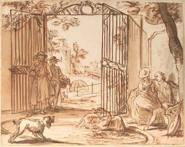 A dog barking at a swan with cygnets, in a pond, figures by a park gate looking on Oil Painting by Dutch School