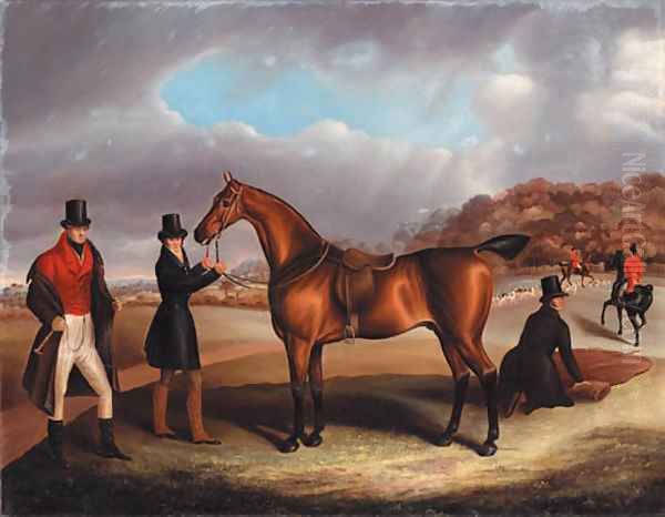 Lord George Bentinck with his favourite hunter, and grooms, in a landscape with a hunt beyond Oil Painting by Samuel Spode