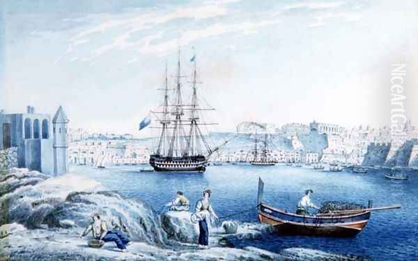 Malta View of La Valletta from the Point at the Corradino Oil Painting by Anton the Younger Schranz