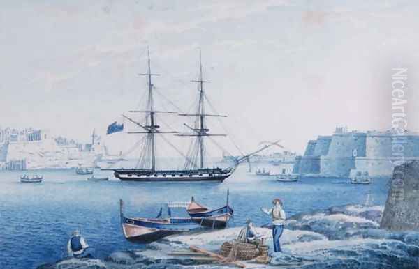 Malta View of the Entrance of the Harbour of La Valletta from Isola Point Oil Painting by Anton the Younger Schranz