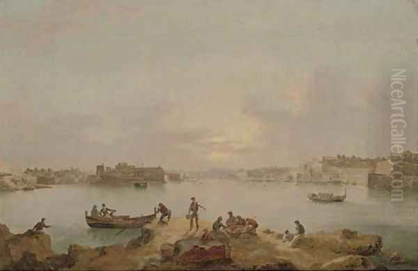 A panorama of the Grand Harbour, Valetta, at dusk Oil Painting by Anton the Younger Schranz