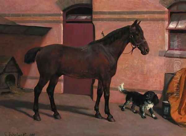 A bay hunter with a spaniel in a stable yard Oil Painting by Carl Suhrlandt