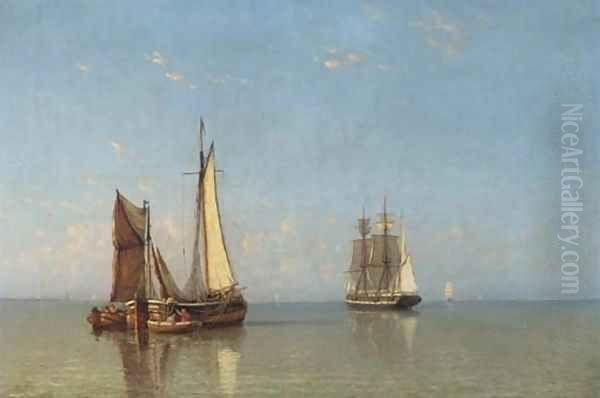 A coastal trader and a fishing barge in calm waters at dawn Oil Painting by Joannes Frederick Schutz