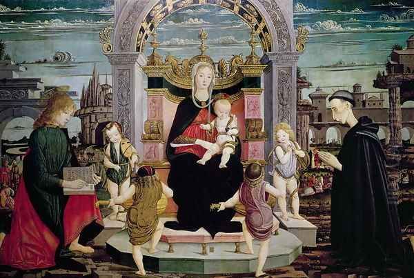 Virgin and Child Enthroned with St. John the Evangelist and the Blessed Giacomo Bertoni Oil Painting by Leonardo I Scaletti