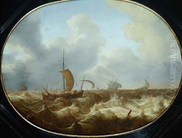 Fishing boats and other vessels in a stormy sea Oil Painting by Cornelis Stooter