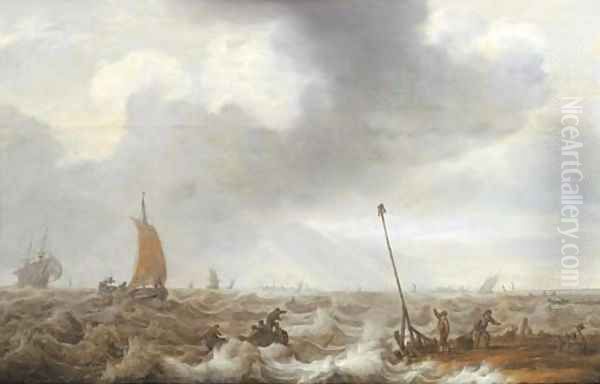 Shipping in choppy seas with fishermen on the shore in the right foreground, a town beyond Oil Painting by Cornelis Stooter