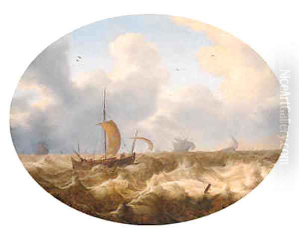 A smalschip running before the wind offshore, other shipping beyond, as a storm approaches Oil Painting by Cornelis Stooter