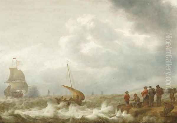 Shipping off the coast in a stiff breeze, figures on the shoreline in the foreground Oil Painting by Cornelis Stooter