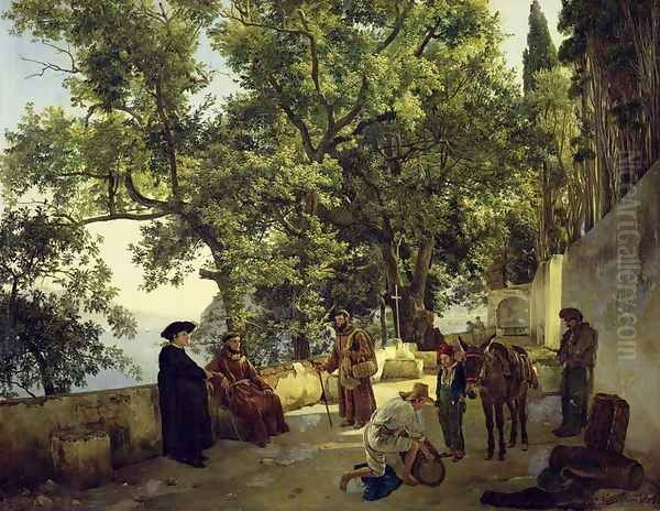 Verandah beside the Sea Shore, Cappucin Monks in the Suburbs of Sorrento, 1827 Oil Painting by Sylvester F. Shedrin