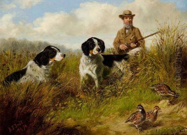 Quail Shooting - Sportsman And Two Dogs Oil Painting by Arthur Fitzwilliam Tait