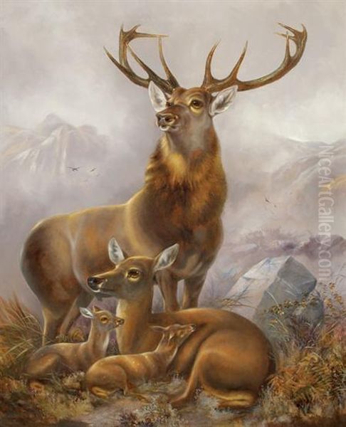 American, - Stag, Hind Andfawns, Circa 1850 Oil Painting by Arthur Fitzwilliam Tait