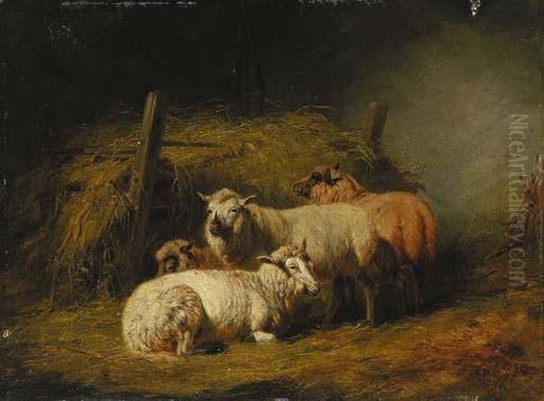 Sheep In Shed Oil Painting by Arthur Fitzwilliam Tait