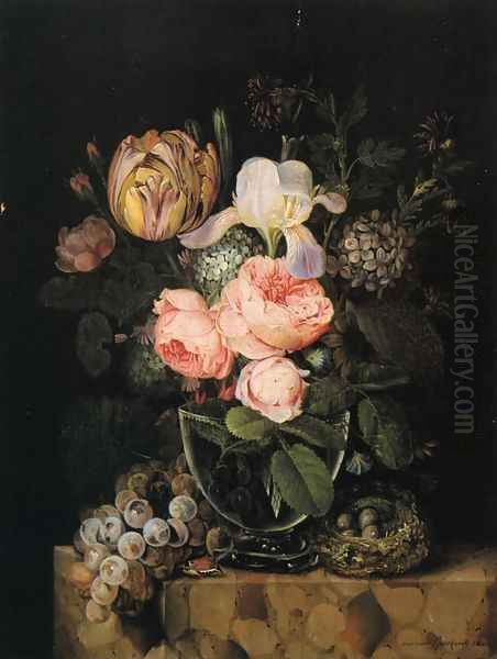 Still Life with Flowers, Grapes and a Bird's Nest Oil Painting by Michel Joseph Speeckaert