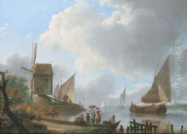 A river landscape with a damlooper and figures on the shore by a windmill Oil Painting by Frans Swagers