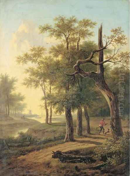 A hunter and his dog in a wooded river landscape, a windmill and boats beyond Oil Painting by Frans Swagers