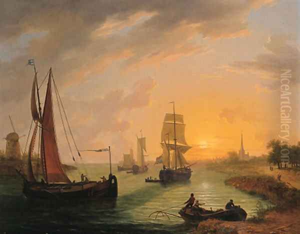 Shipping on a river at sunset Oil Painting by Frans Swagers