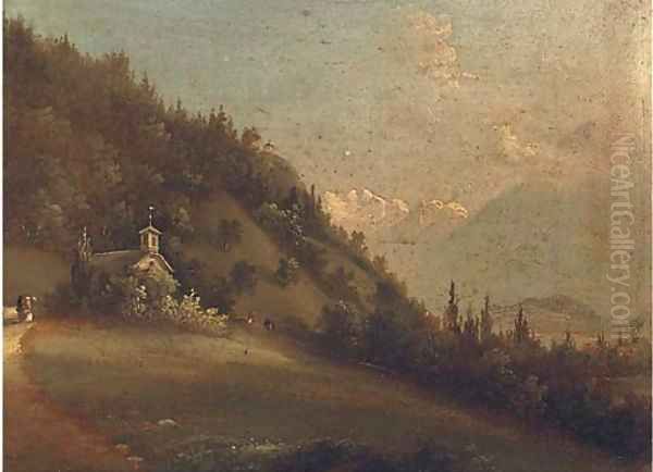 Figures in an Alpine landscape beside a church; and Another similar Oil Painting by Continental School