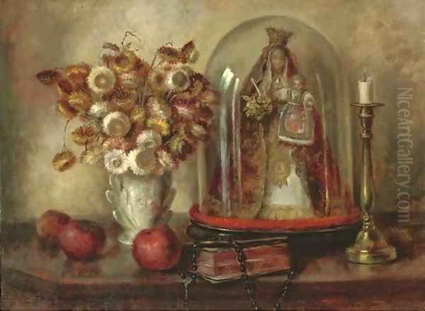 Dried flowers in a porcelain vase Oil Painting by Continental School