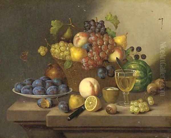 A still life of grapes, pears and apples in a wicker basket and plums, lemons and a peach on a ledge Oil Painting by Continental School