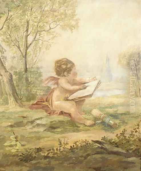 A cherub drawing in a landscape Oil Painting by Continental School