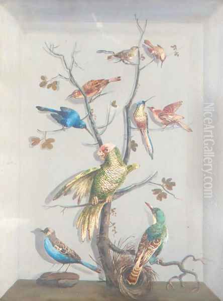 A parrot and other exotic birds perched on a tree Oil Painting by Continental School