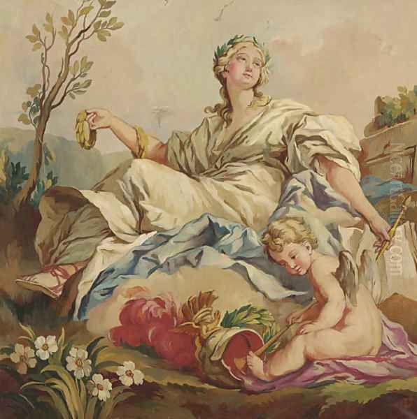 A classical muse in a landscape with a young satyr with bow and arrow; together with three similar Oil Painting by Continental School