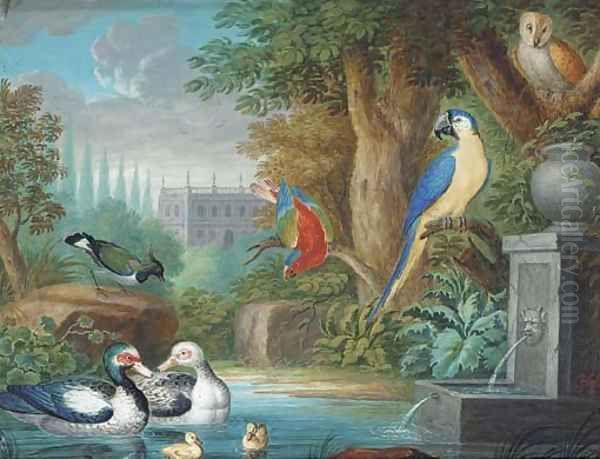 Parrots, ducks and an owl before an Italianate villa (illustrated); and Exotic birds on a riverbank Oil Painting by Continental School