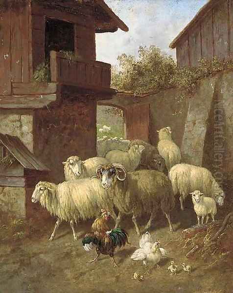 Sheep and poultry in a farmyard; and Sheep and poultry in a barn Oil Painting by Continental School