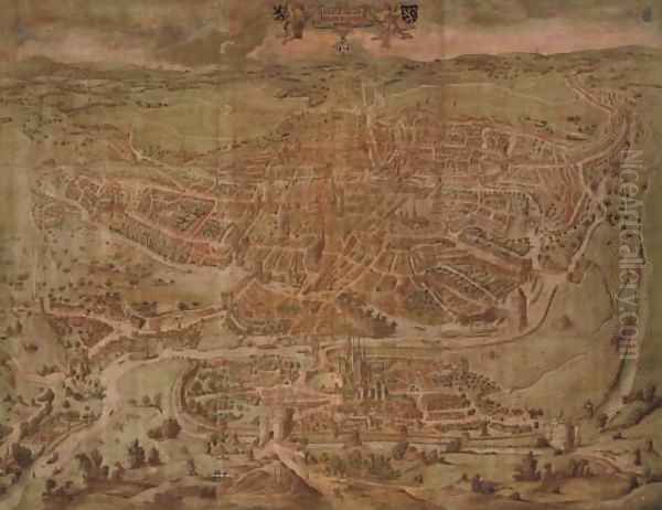 A Birds Eye view of the City of Ghent 1434 (Ganda Gallie Belgice Civitas Maxima 1434) Oil Painting by Continental School